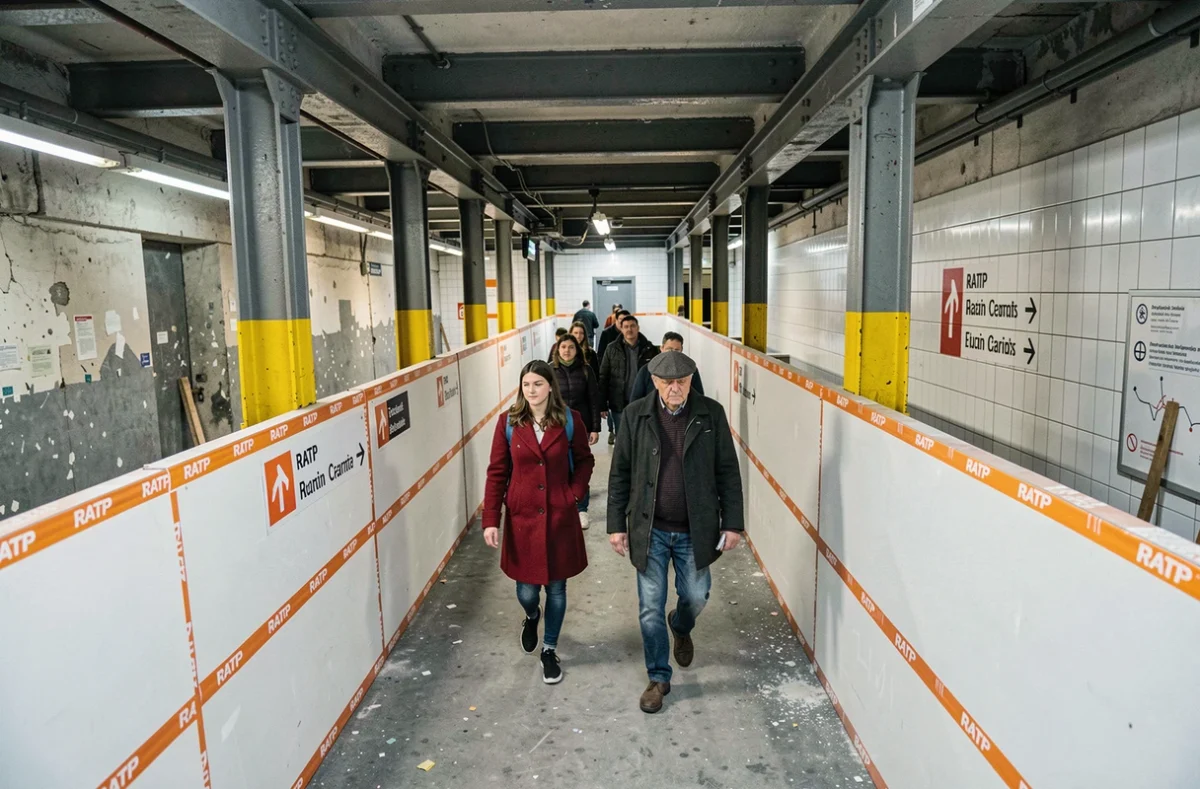 Couloir de station de métro parisienne en travaux avec barrières de chantier et signalétique provisoire, illustrant les perturbations de la ligne 4 et le cheminement alternatif des voyageurs