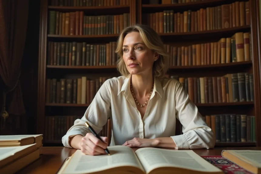 Femme écrivain réfléchie dans une bibliothèque littéraire, entourée de livres anciens et de notes manuscrites, cherchant des synonymes élégants