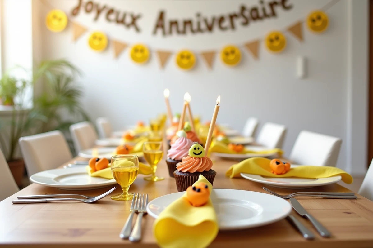 Table d'anniversaire décorée sur le thème des smileys avec assiettes, cupcakes et bannière Joyeux Anniversaire