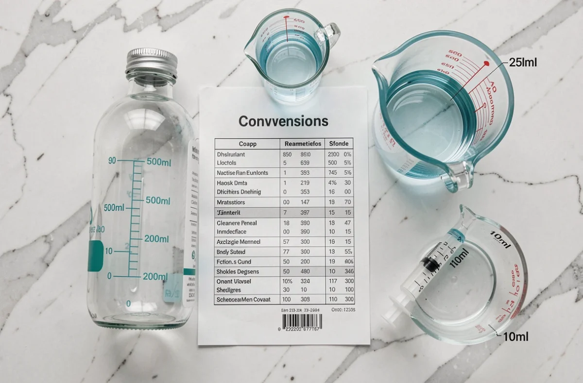 Vue aérienne d'un ensemble de récipients de mesure gradués en litres, millilitres et centilitres disposés sur marbre blanc avec tableau de conversion