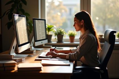 Traducteur professionnel au bureau lumineux avec dictionnaires
