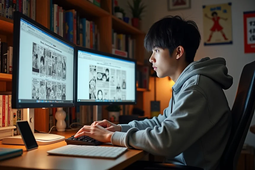 Jeune traducteur de scantrad manga concentré devant ses écrans dans un bureau à domicile entouré de volumes manga