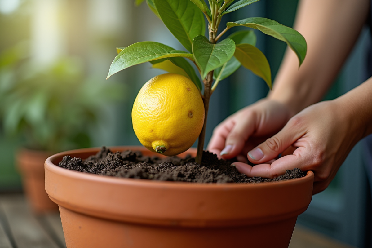 Main transplantant un jeune citronnier dans un pot en terre cuite