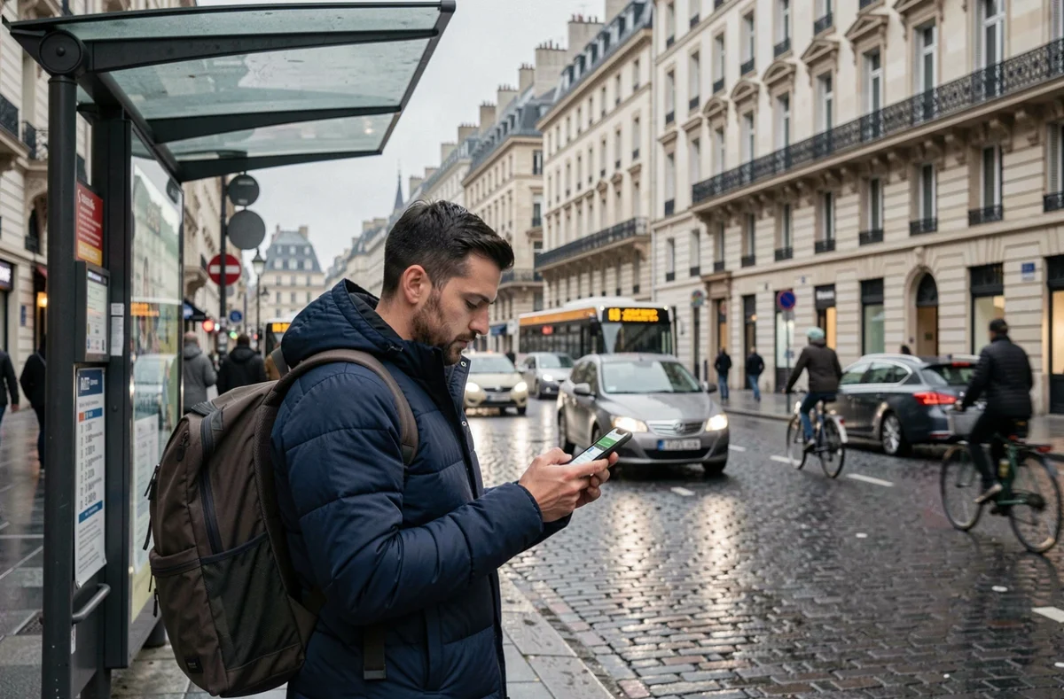 Usager parisien vérifiant les alternatives de transport sur son téléphone à un arrêt de bus RATP, en remplacement de la ligne 4 du métro en travaux