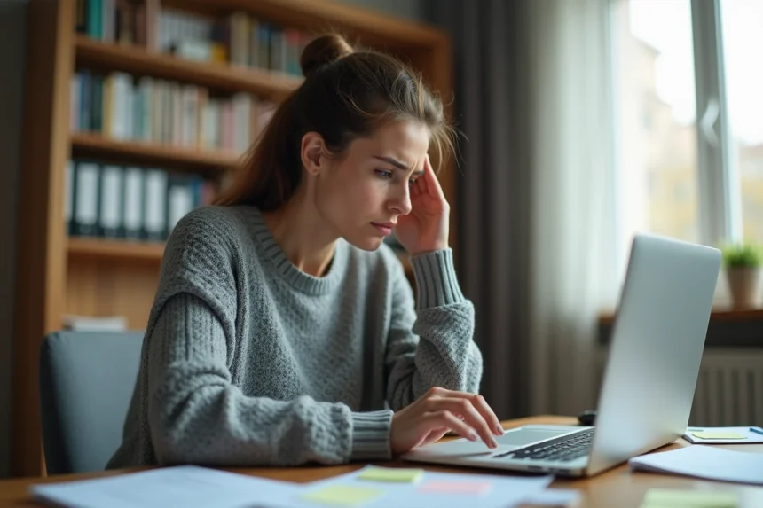 Femme frustrée consultant un ordinateur portable avec des documents éparpillés, illustrant une plainte en ligne sur un site e-commerce