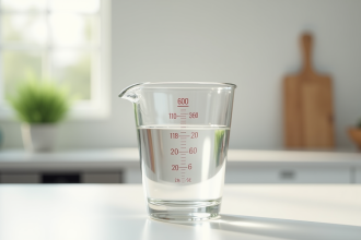 Verre mesureur rempli à 60 cl sur plan de travail lumineux