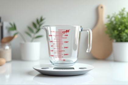 Verre mesure 40 cl sur plan de cuisine lumineux