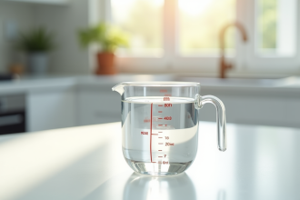 Verre mesureur rempli d'eau sur plan de cuisine lumineux