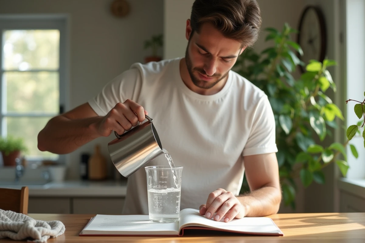 Jeune homme versant 50 ml d