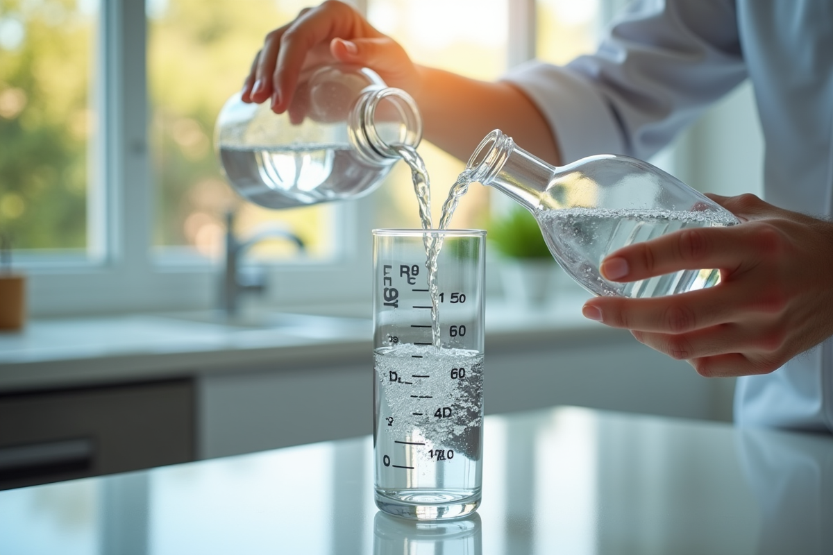 Personne versant de leau dans un cylindre de mesure précis