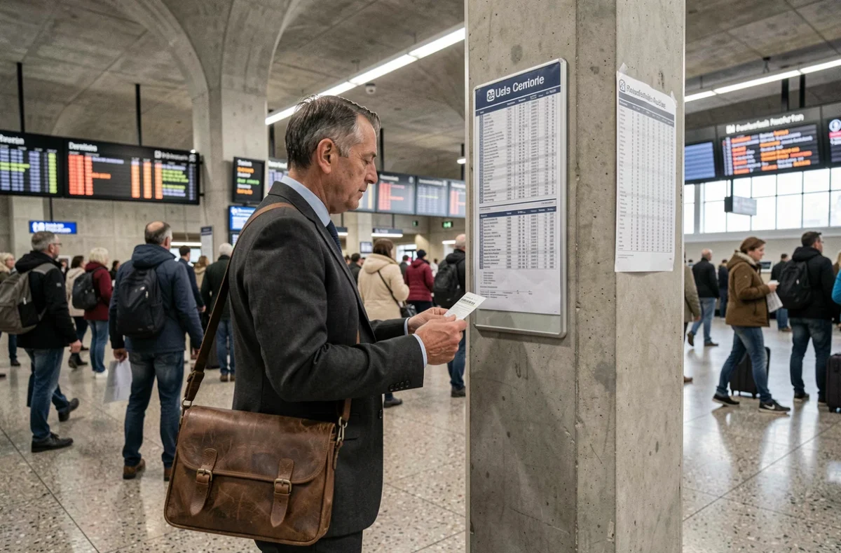 Voyageur étudiant les horaires de correspondance dans un grand hub de transport en commun parisien